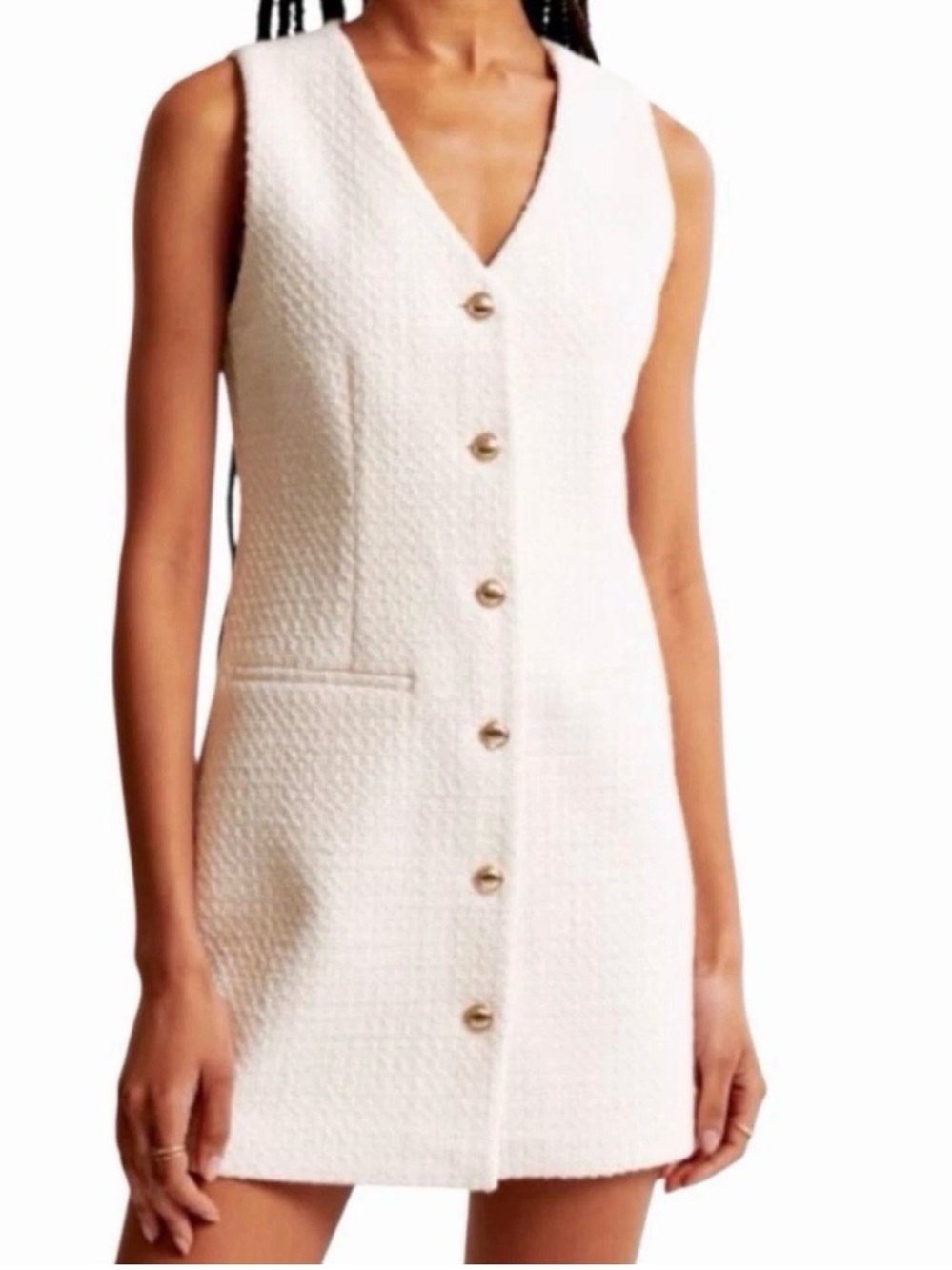 Bebop Tweed Mini Dress White Sleeveless V-Neck Button Front Women's Size S